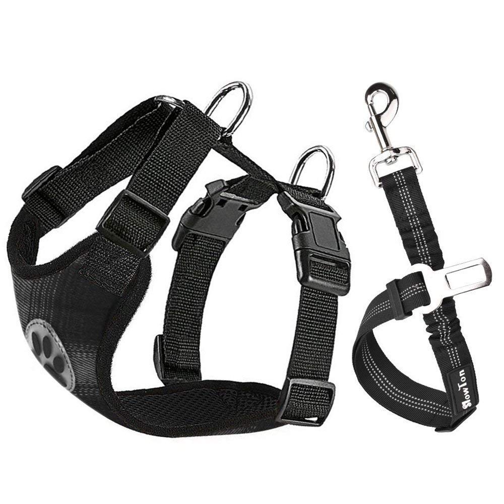 SlowTon Dog Car Harness Plus Connector Strap Multifunction Adjustable Vest Harness Double Breathable Mesh Fabric with Car Vehicle Safety Seat Belt