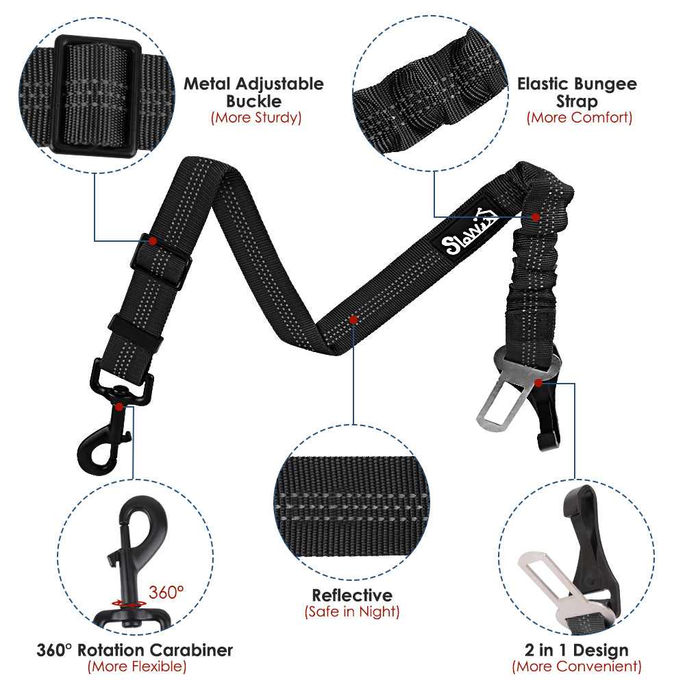 SlowTon Dog Seat Belt Adjustable Dog Safety Belt Leash 2 in 1 Latch Bar Attachment Dog Car Seatbelt with Elastic Nylon Bungee BufferReflective Nylon Belt Tether Connect to Dog Harness