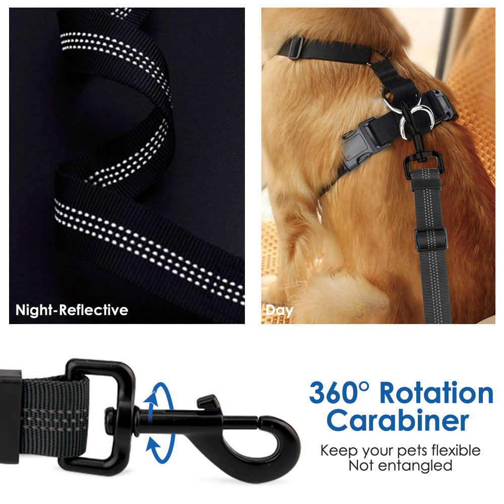 SlowTon Dog Seat Belt Adjustable Dog Safety Belt Leash 2 in 1 Latch Bar Attachment Dog Car Seatbelt with Elastic Nylon Bungee BufferReflective Nylon Belt Tether Connect to Dog Harness