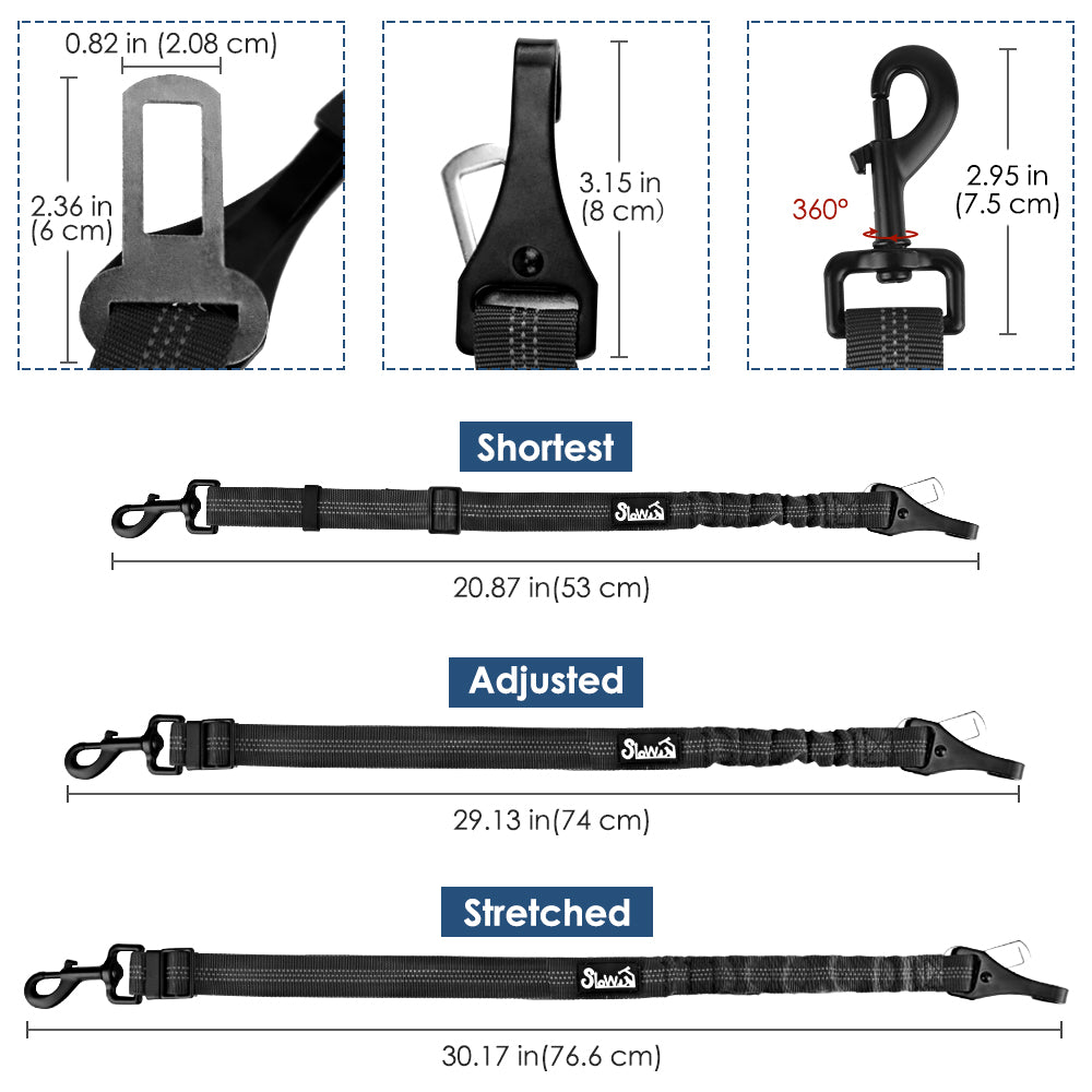 SlowTon Dog Seat Belt Adjustable Dog Safety Belt Leash 2 in 1 Latch Bar Attachment Dog Car Seatbelt with Elastic Nylon Bungee BufferReflective Nylon Belt Tether Connect to Dog Harness