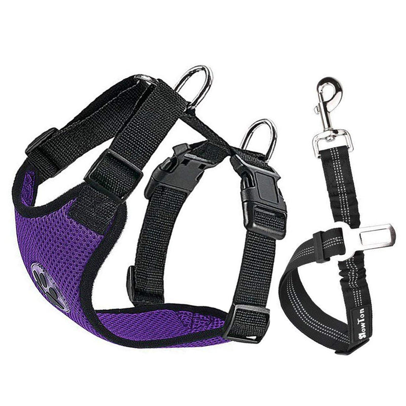 SlowTon Dog Car Harness Plus Connector Strap Multifunction Adjustable Vest Harness Double Breathable Mesh Fabric with Car Vehicle Safety Seat Belt