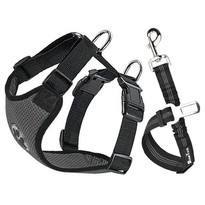 SlowTon Dog Car Harness Plus Connector Strap Multifunction Adjustable Vest Harness Double Breathable Mesh Fabric with Car Vehicle Safety Seat Belt 