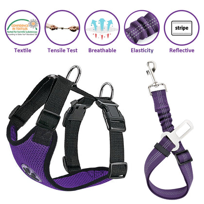 SlowTon Dog Car Harness Plus Connector Strap Multifunction Adjustable Vest Harness Double Breathable Mesh Fabric with Car Vehicle Safety Seat Belt 