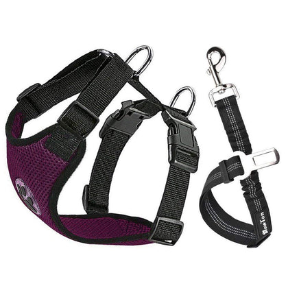 SlowTon Dog Car Harness Plus Connector Strap Multifunction Adjustable Vest Harness Double Breathable Mesh Fabric with Car Vehicle Safety Seat Belt 
