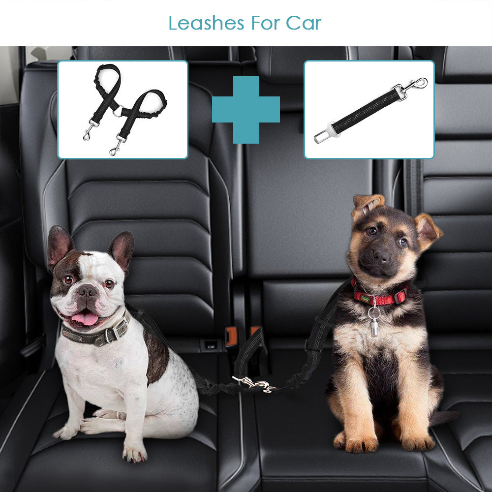 SlowTon 2 in 1 Double Dog LeashCar Seat Belt 360° Swivel Dual Dog Lead and Vehicle Safety Seat Belt with Elastic Bungee and Reflective Stripe for Two Pets 