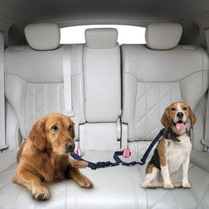 SlowTon Double Dog Car Seat Belt Dual Pet Vehicle Safety Seatbelt Adjustable Double Dog Coupler Lead Splitter Elastic Bungee Reflective Stripe Two Pets Car Trip Travel