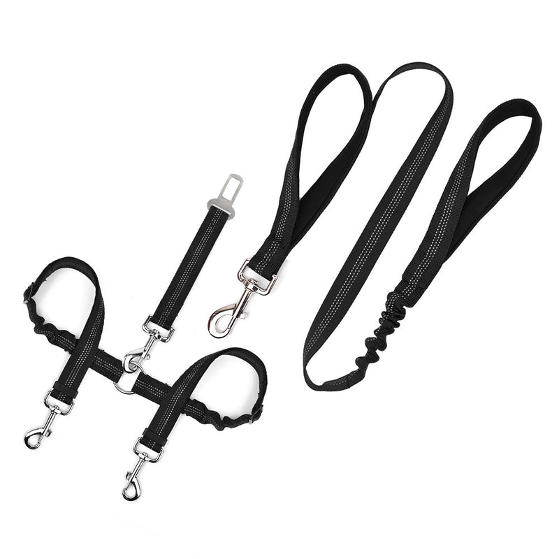 SlowTon 2 in 1 Double Dog Leash Car Seat Belt 360° Swivel Dual Dog Lead and Vehicle Safety Seat Belt with Elastic Bungee and Reflective Stripe for Two Pets