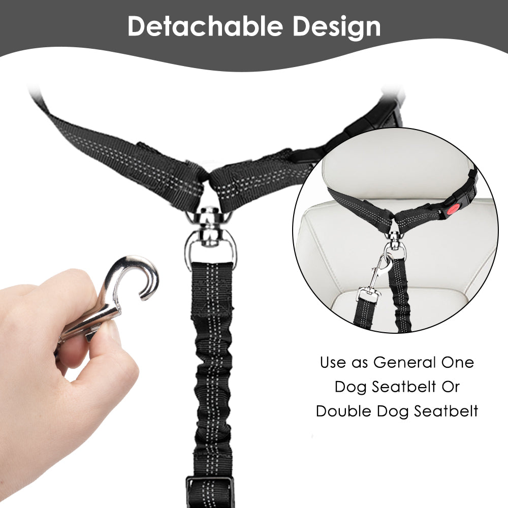 SlowTon Double Dog Seat Belt Dog Car Seatbelt Headrest Restraint Adjustable Reflective with Elastic Bungee Lead Pet Safety Belt Strap Detachable Dual Use for Vehicle Travel Walking 1 or 2 Dogs