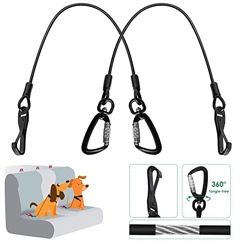 SlowTon Chew Proof Dog Seat Belt Steel Cable Doggie Car Seatbelt 2 Packs Sturdy Safety Belt Puppy Vehicle Tetherwith Latch Bar AttachmentLockable Swivel Rock Climbers Carabiner 