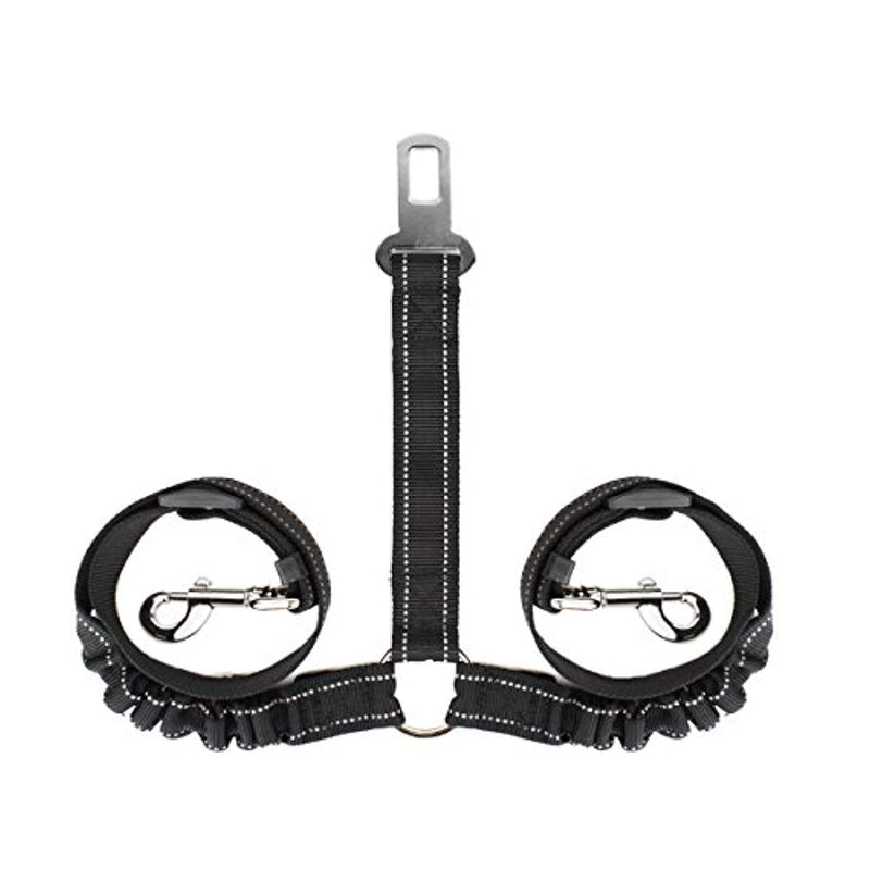 SlowTon Double Dog Car Seat Belt Dual Pet Vehicle Safety Seatbelt Adjustable Double Dog Coupler Lead Splitter Elastic Bungee Reflective Stripe Two Pets Car Trip Travel