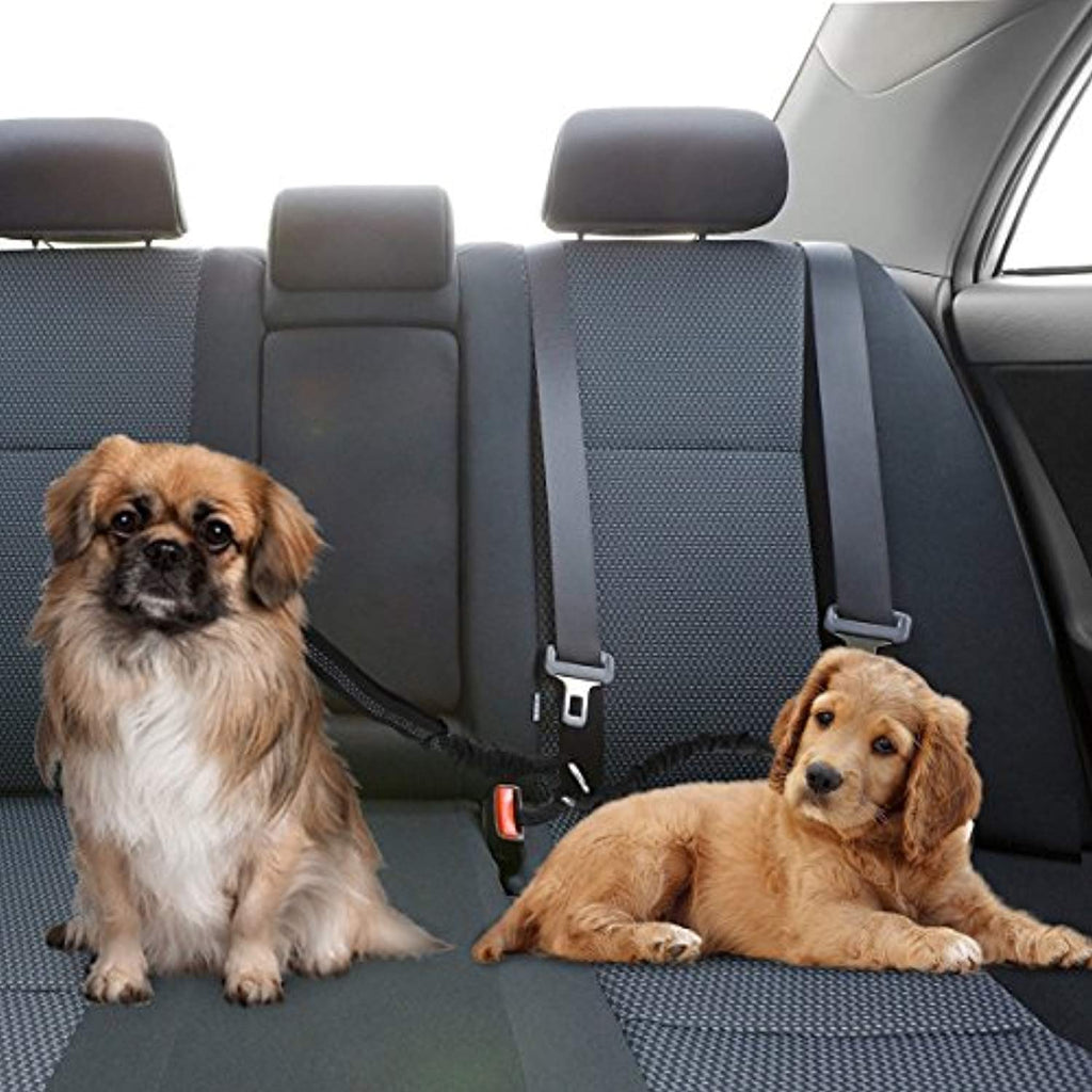 SlowTon Double Dog Car Seat Belt Dual Pet Vehicle Safety Seatbelt Adjustable Double Dog Coupler Lead Splitter Elastic Bungee Reflective Stripe Two Pets Car Trip Travel
