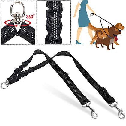 SlowTon Double Dog Leash No Tangle Double Leash for Dogs Walking Training 360°Swivel Rotation Reflective Adjustable Length Dual Two Dog Lead SplitterComfortable Shock Absorbing Bungee Lead 2 Dogs