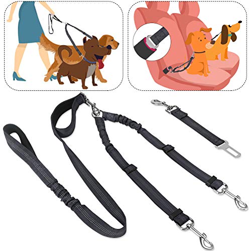 SlowTon 2 in 1 Double Dog Leash  Car Seat Belt 360° Swivel Dual Dog Lead and Vehicle Safety Seat Belt with Elastic Bungee and Reflective Stripe for Two Pets 