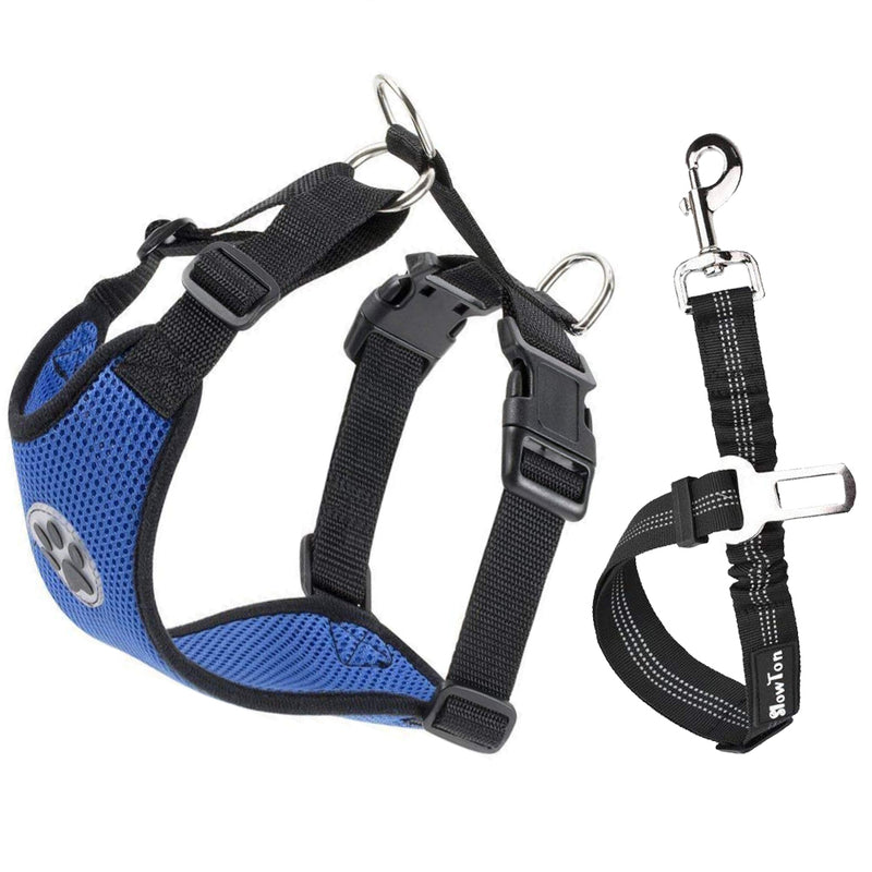 SlowTon Dog Car Harness Plus Connector Strap Multifunction Adjustable Vest Harness Double Breathable Mesh Fabric with Car Vehicle Safety Seat Belt