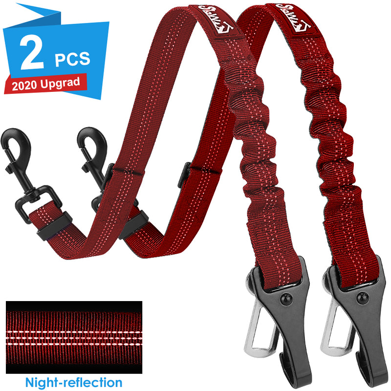 SlowTon 2 Pack Dog Seat Belt, 2 in 1 Attachment, Hook Latch Bar or Seatbelt Buckle with Elastic Nylon Bungee Buffer Adjustable Reflective Nylon Safety Belt Tether Connect to Dog Harness